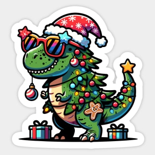 Tree-Rex Holiday Dinosaur - Christmas Tree T-Rex TreeRex Pun with Santa Hat, Lights and Ornaments Sticker